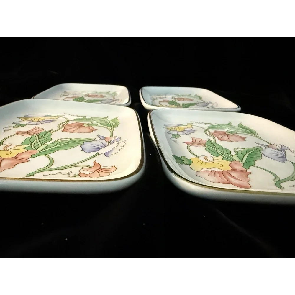 VTG Ben Rickert Porcelain Flowers Floral Tray Trinket Dish Signed Japan Set Of 4